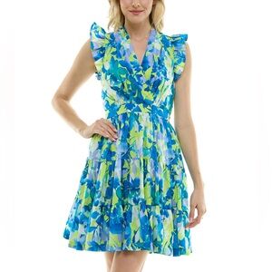 Taylor Floral A-Line V-Neck Flutter Sleeve Cotton‎ Mini Dress Size Medium